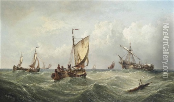 Fishing Barges Running Towards A Dismasted Merchantman Oil Painting - Henry Redmore