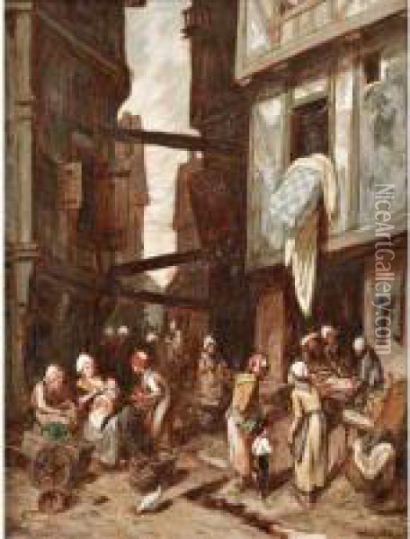 Scene De Marche A Rouen Oil Painting - Louis Adolphe Hervier