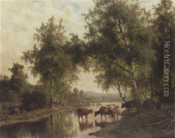 Cows Watering Oil Painting - Edward (Johan-Edvard) Bergh