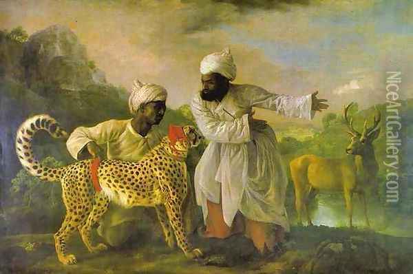 Cheetah with Two Indian Attendants and a Stag Oil Painting - George Stubbs