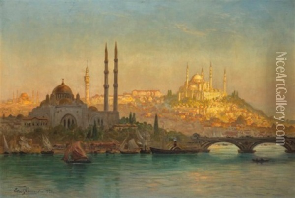 Istanbul, Valide And The Suleymaniye Mosque Oil Painting - Ernest Karl Eugen Koerner