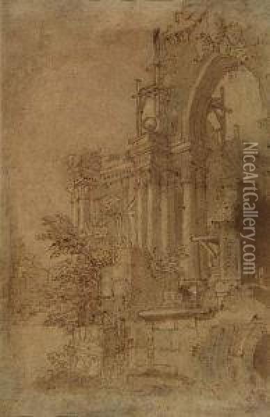 An Architectural Capriccio With An Ornate Arched Facade Oil Painting - Mauro Antonio Tesi