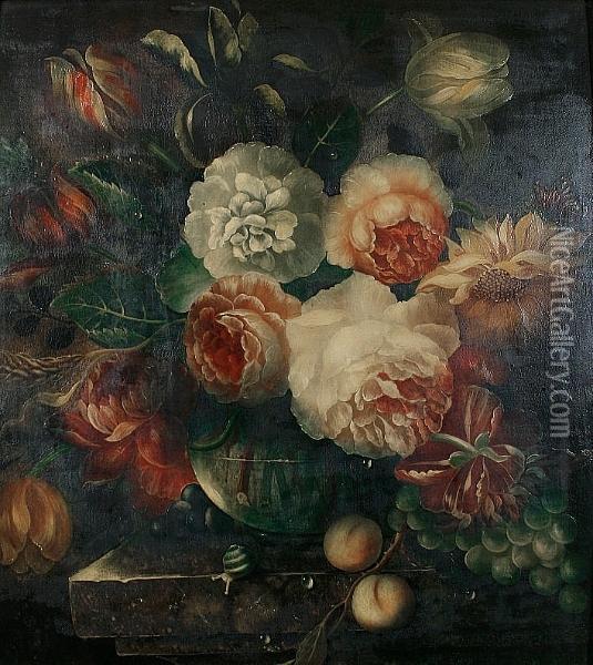 A Still Life Of Roses, Peonies, 
Tulips And Wheat In A Glass Bowl With Apricots, Red And White Grapes, 
Butterflies And A Snail On A Stone Ledge Oil Painting - Jan Van Huysum