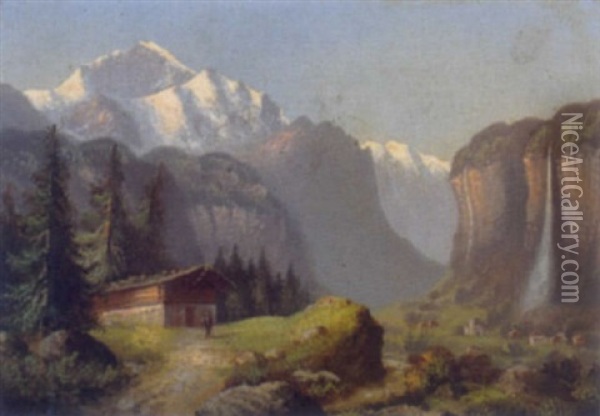 Der Staubbachfall Mit Der Jungfrau Im Hintergrund Oil Painting - Hubert Sattler