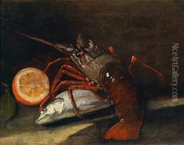Fisch, Hummer Und Eine Halbe Zitrone Auf Einer Steinplatte Oil Painting - Giuseppe Recco