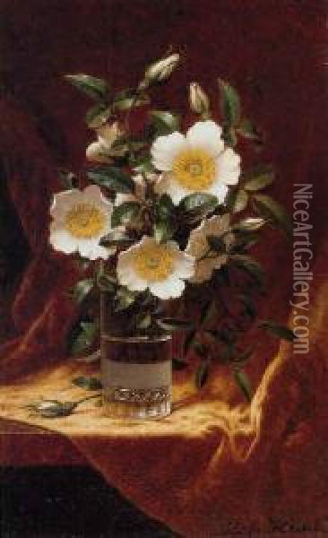 Cherokee Roses In A Glass Oil Painting - Martin Johnson Heade