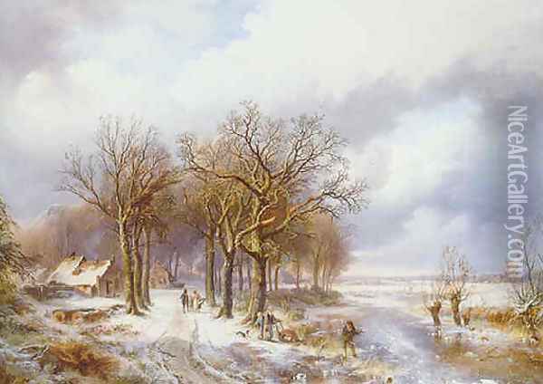 A winter landscape with a wood gatherer on a frozen ditch and peasants on a snowy path Oil Painting - Willem Bodemann