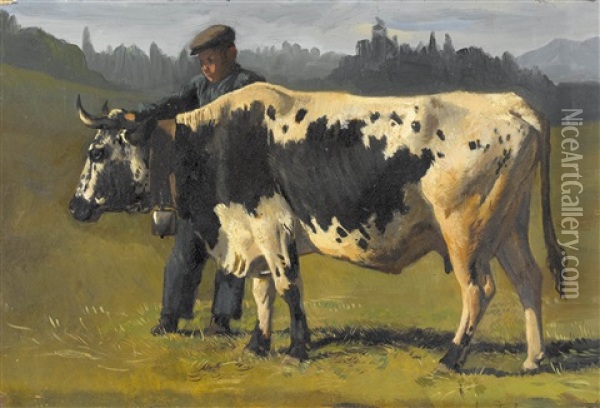 Bauer Mit Kuh Auf Der Weide Oil Painting - Albert Lugardon