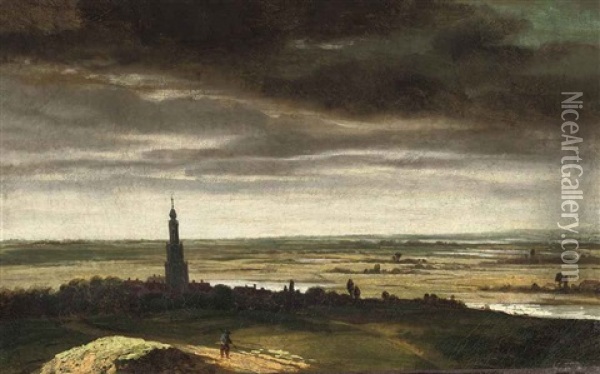 A River Landscape With A View Of A Dutch Town Oil Painting - Johannes Ruyscher