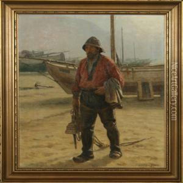 A Fisherman On The Beach Oil Painting - N. F. Schiottz-Jensen