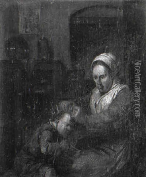 A Woman Delousing Her Son Oil Painting - Egbert van Heemskerck the Elder