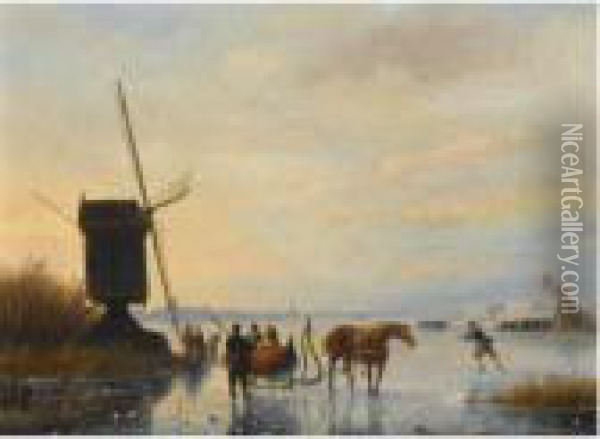 A Horse And Sledge On The Ice, A 'koek En Zopie' In The Distance Oil Painting - Nicholas Jan Roosenboom