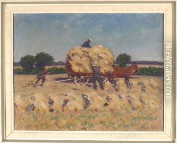 Getreideernte - Drei Bauern Mit Pferdewagen Auf Dem Feld Oil Painting - Julius Furst