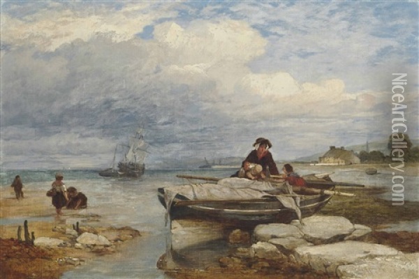 Fisherfolk On The Shore At Low Tide Oil Painting - Edward Duncan