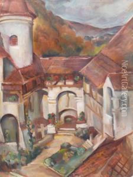 The Inner Yard Of Bran Castle Oil Painting - Elena Popea