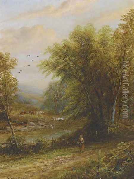 A lady ambling along a riverside track Oil Painting - John Mellor