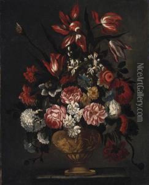 Flowers In An Ornamental Urn Oil Painting - Andrea Belvedere