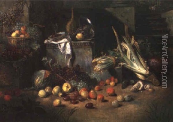Still Life Of A Bottle, Tazza And Fruit And Vegetables Beneath A Staircase Oil Painting - Jan Van Buken