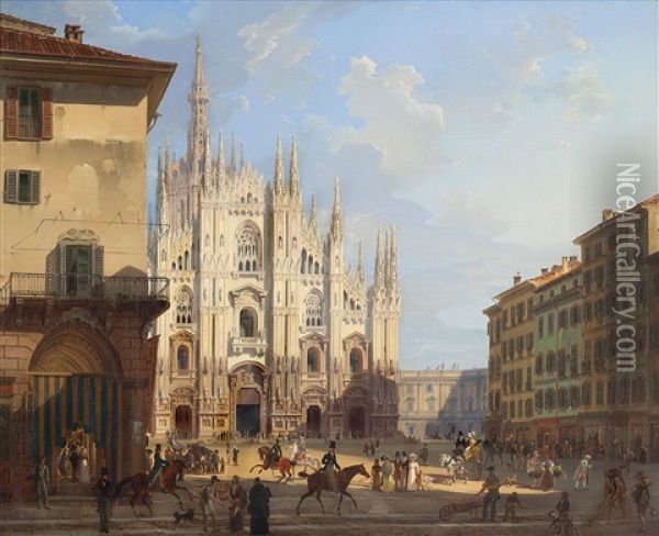 La Piazza Del Duomo A Milano Col Coperto Dei Figini Oil Painting - Giovanni Migliara