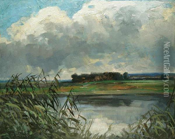 A Landscape With A Lake Oil Painting - Ferdinand Engelmuller