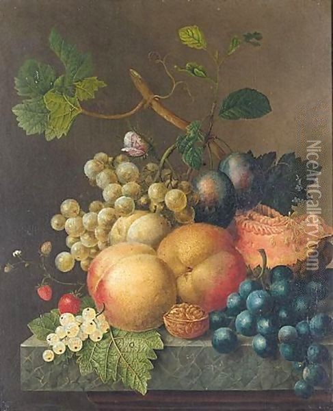 Still Life With Peaches, Plums, Strawberries, Grapes, A Walnut And A Melon On Stone Ledge Oil Painting - Willem van Leen