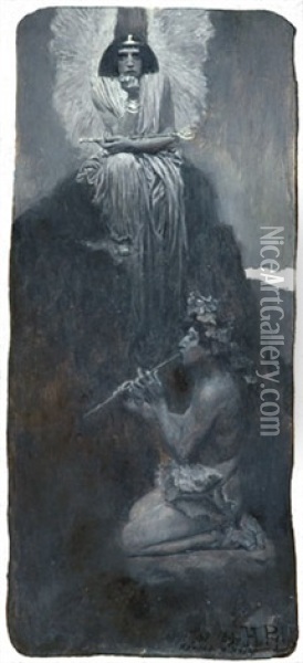 Pan Playing Flute As Isis Looks On (illus. For The Body To The Soul By Ellen M.h. Gates For August 1899 Issue Of Harper's New Monthly) Oil Painting - Howard Pyle