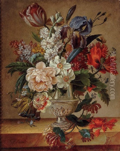 Still Life Of Flowers In A Vase Resting On A Marble Ledge Oil Painting - Francois-Nicolas Laurent