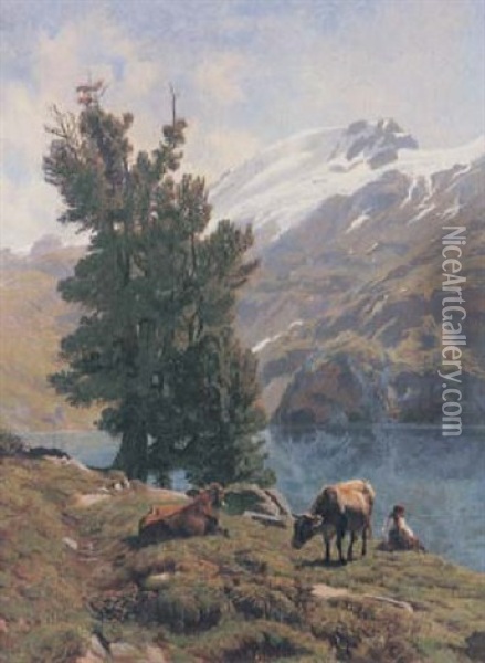 Alpenseepanorama Mit Hirtin Und Zwei Kuhen Oil Painting - Albert Lugardon