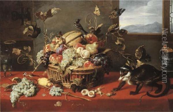 A Melon, Grapes, Apples, Pears, Peaches And Other Fruit In Abasket Oil Painting - Frans Snyders
