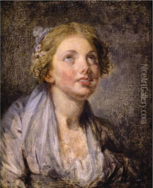 Head Of A Young Girl Looking Upwards Oil Painting - Jean Baptiste Greuze
