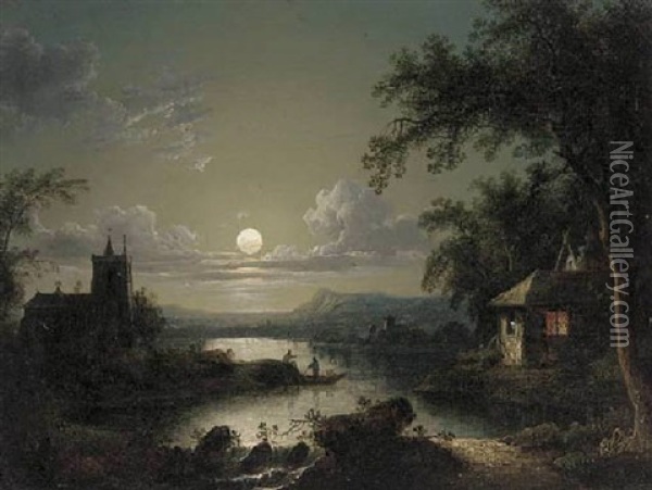 Figures By A Church In A Moonlit Lake Landscape Oil Painting - Abraham Pether