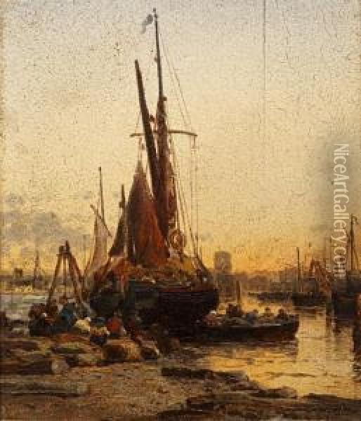 Harbour Scene At Sunset Oil Painting - James Webb