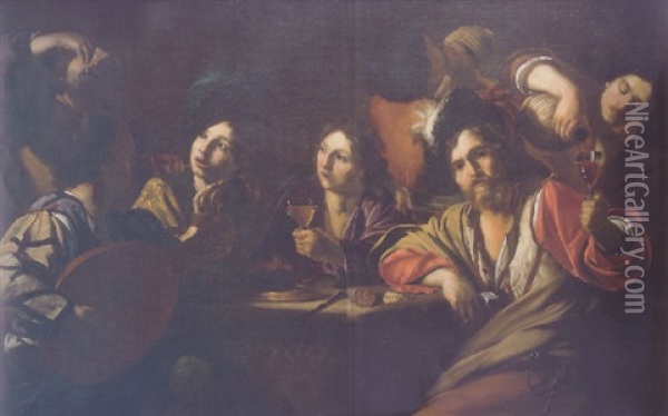 Bravos Drinking And Making Music Oil Painting - Bartolomeo Manfredi