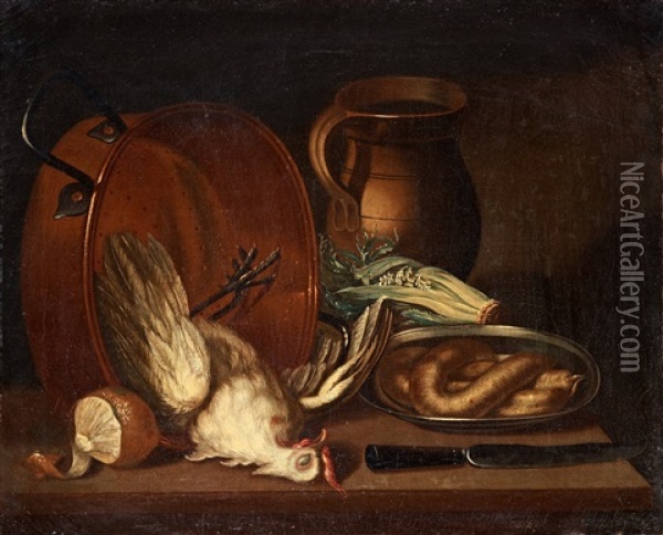 Still Life With A Hen, Sausage, Vegetables And Utensils Oil Painting - Lars Henning Boman