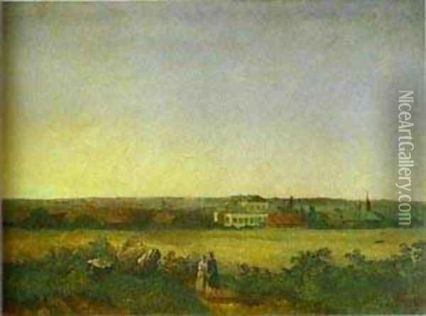 View In The Vicinity Of Moscow With A Mansion And Two Female Figures 1850 Oil Painting - Alexei Kondratyevich Savrasov