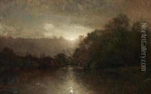 Moonlit River Landscape Oil Painting - Alfred Wahlberg