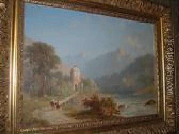 An Italian Riverscene Oil Painting - James Baker Pyne