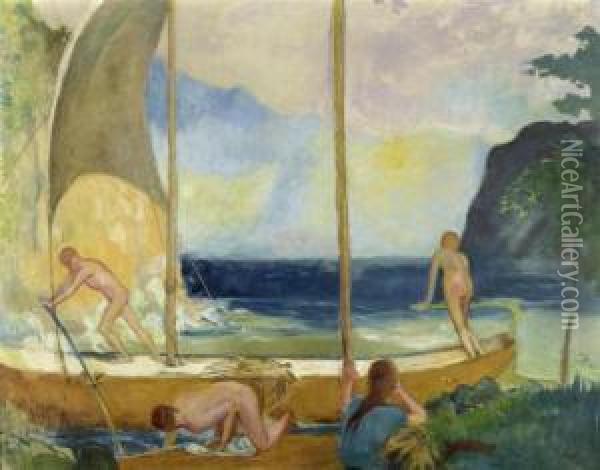 Ship With Bathers Oil Painting - Alexander Von Soldenhoff
