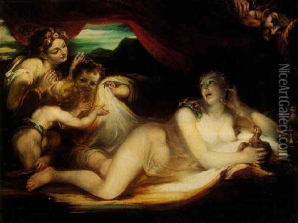 Venus With Her Hand Maidens, Satyr Peeping In Oil Painting - William Hilton the Younger