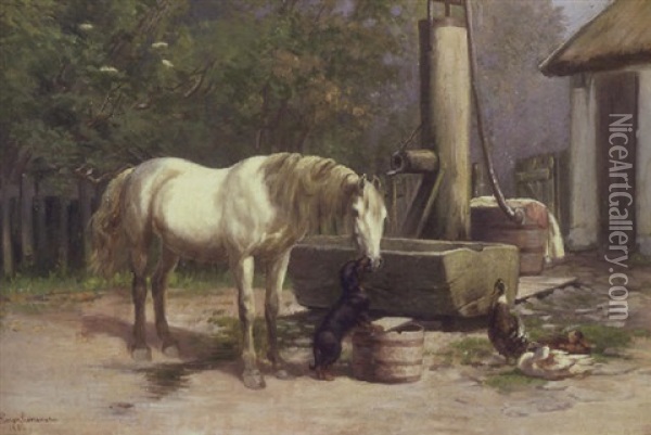 Gardexterior Med Gravhund, Hest Og Aender Ved Et Vandtrug Oil Painting - Simon Simonsen