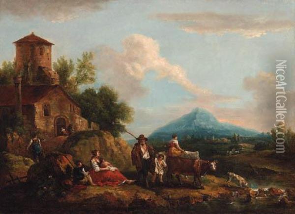 A Landscape With A Drover And Peasants On A River Bank Near Afarmhouse Oil Painting - Francesco Zuccarelli
