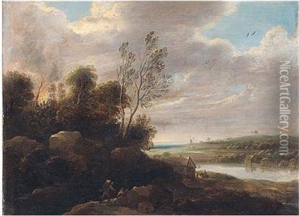 A River Landscape With Travellers On A Rocky Path Oil Painting - Lucas Van Uden