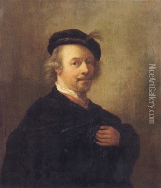 Portrait Of The Artist Wearing A Black Cape And Feathered Cap Oil Painting -  Rembrandt van Rijn
