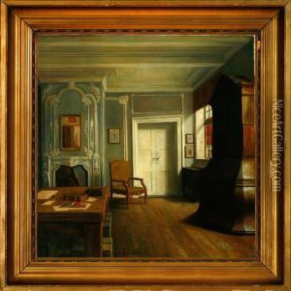 Aninterior From A Blue Drawing Room Oil Painting - Christian Tilemann-Petersen