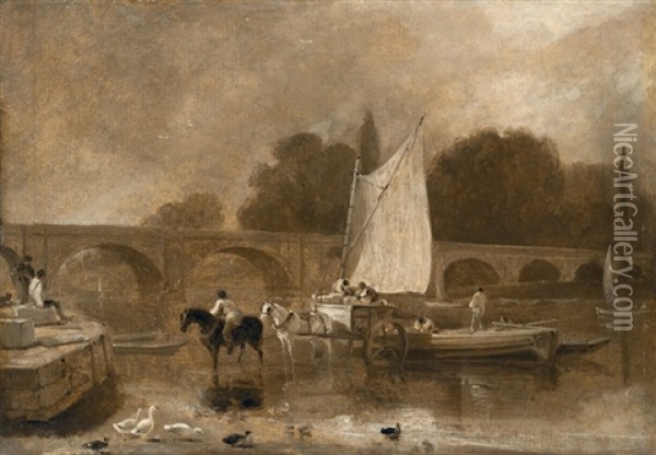 A View Of Richmond Bridge, Richmond-upon-thames, With A Horse-drawn Cart Unloading Goods Onto A Sailboat Oil Painting - Thomas Daniell
