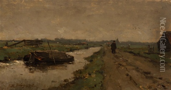 Along The Canal Near Noorden Oil Painting - Jan Hendrik Weissenbruch