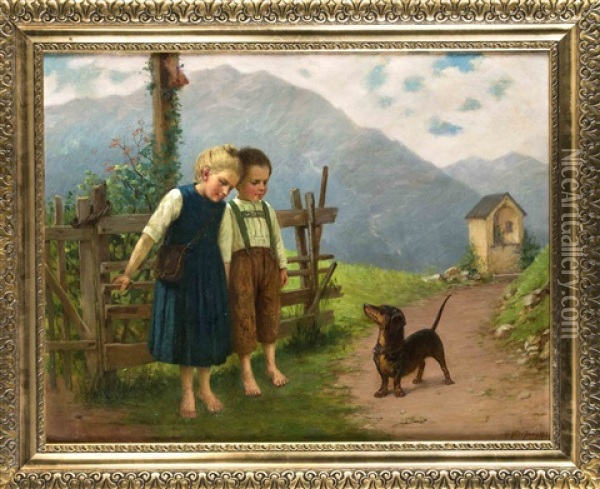 Bayrisches Geschwisterpaar An Einem Gatter Mit Flurkreuz Und Dackel Oil Painting - Theodor Kleehaas