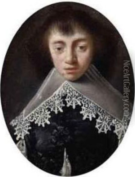 Portrait Miniature Of A Young Boy, Small Bust-length, In A Blackdoublet And Lace Collar Oil Painting - Cornelius Jonson