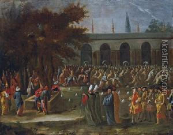 The Dutch Ambassador With His 
Retinue Being Received By Sultan Ahmed Iii At The Topkapi Palace, 
Istanbul Oil Painting - Jan-Baptiste Vanmour