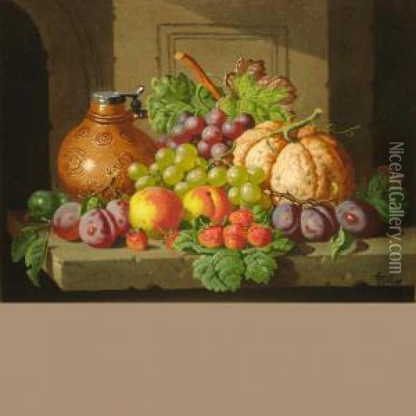 Still Life With Fruit And Lidded Jug Oil Painting - Charles Thomas Bale